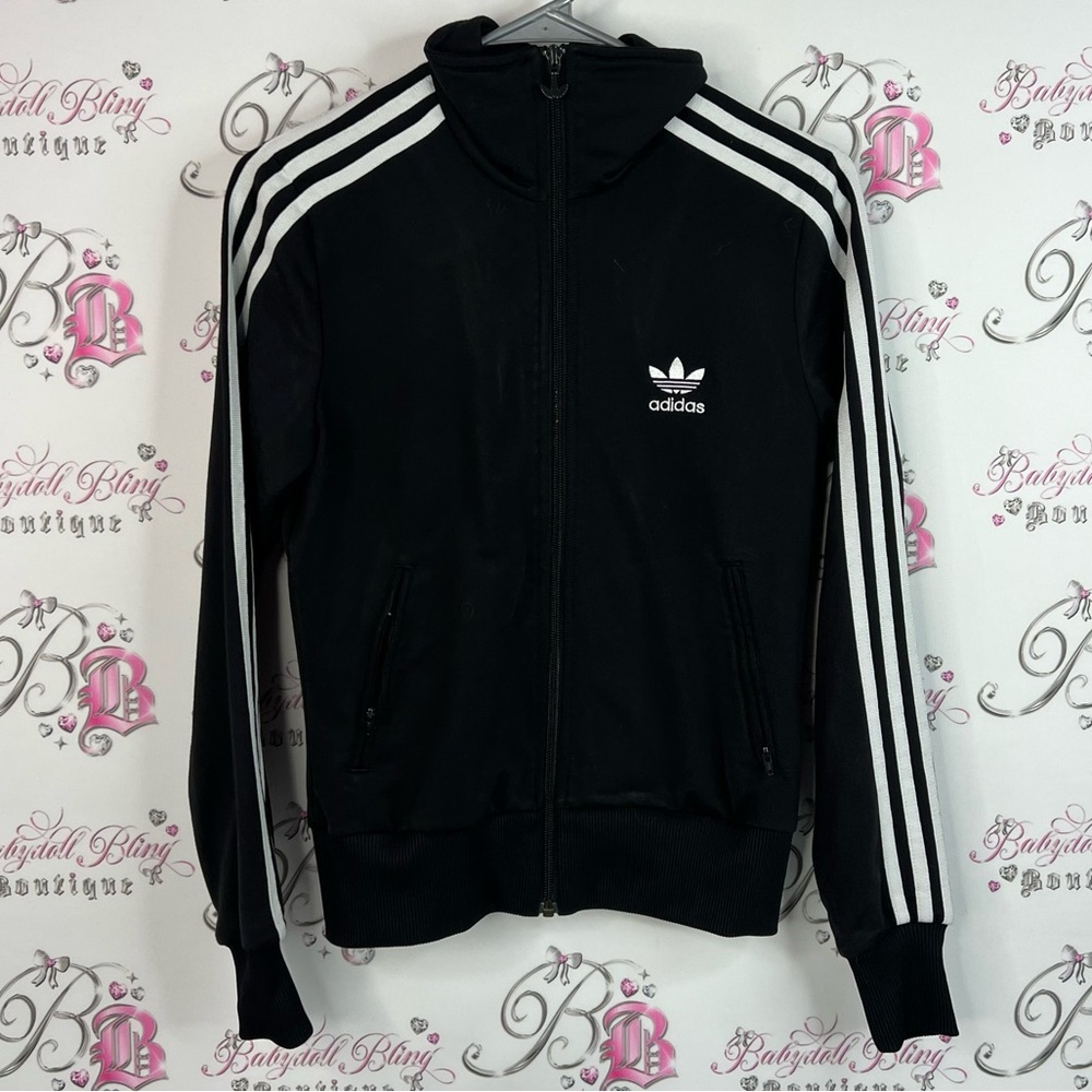 Adidas sweater collared zip up comfy stripes Black Jacket with White Accents